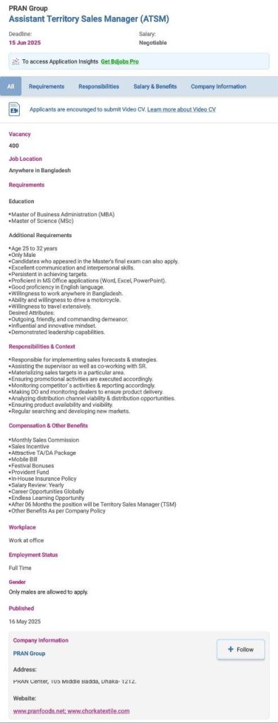 Pran Group Job Circular 2025