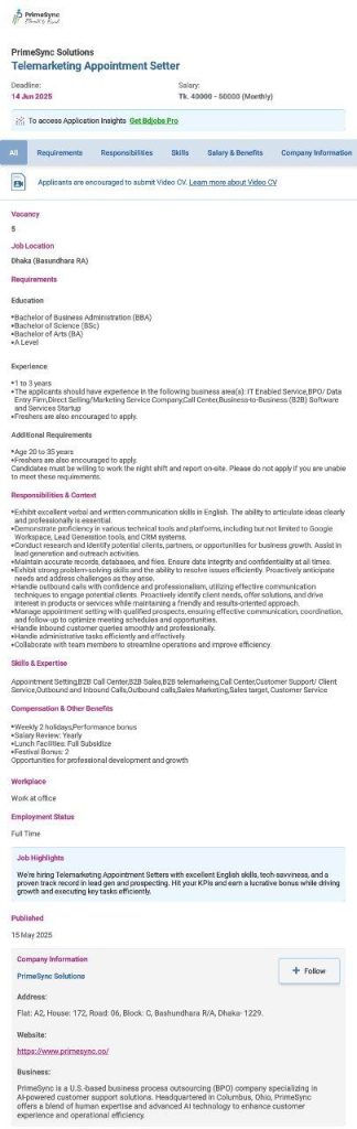 Telemarketing Appointment Setter job circular